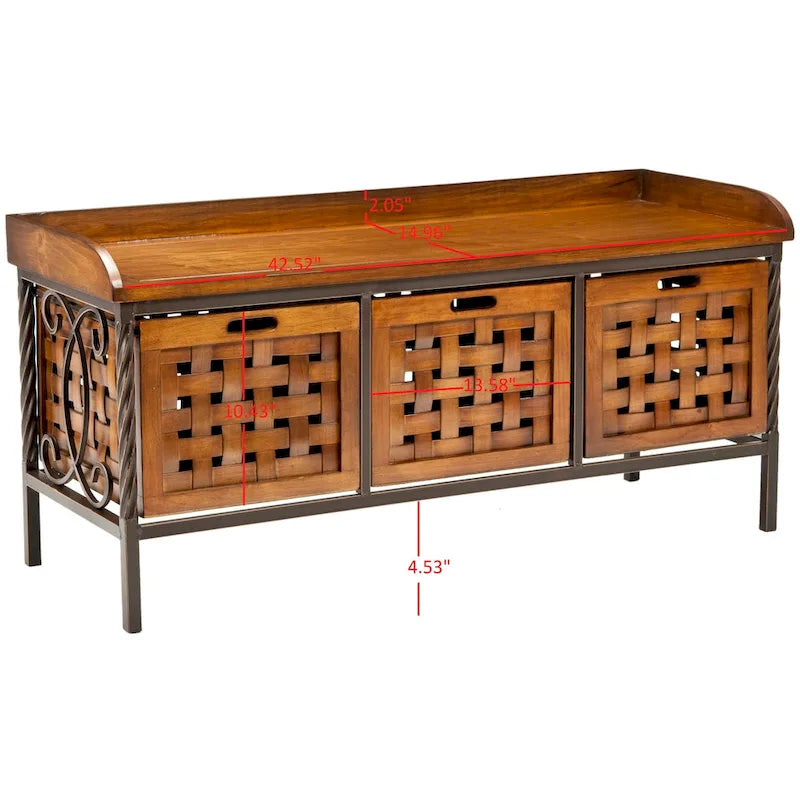 Banc de rangement en bois et fer avec 3 bacs ouverts, banc à chaussures d'entrée, 4 coloris disponibles