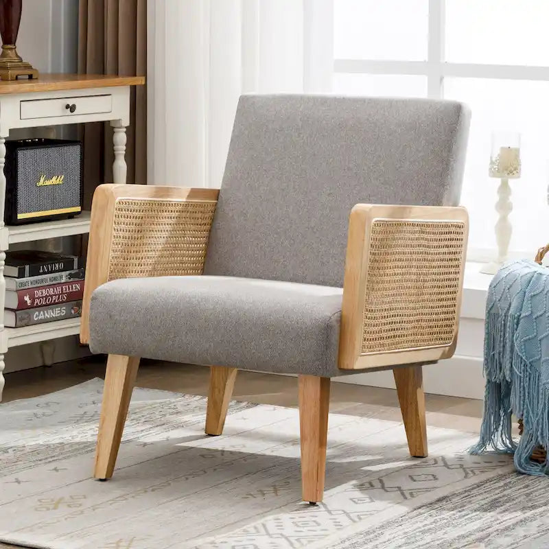 Fauteuil d'appoint rembourré avec accoudoirs en rotin
