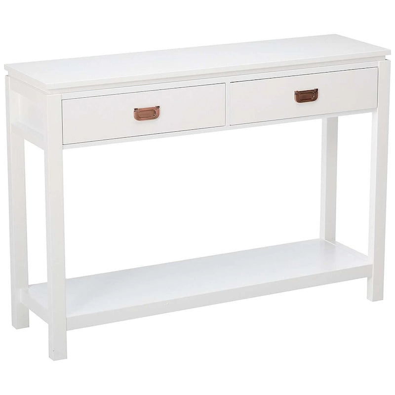 Console blanche avec 2 tiroirs, étagères de rangement et poignées dorées roses