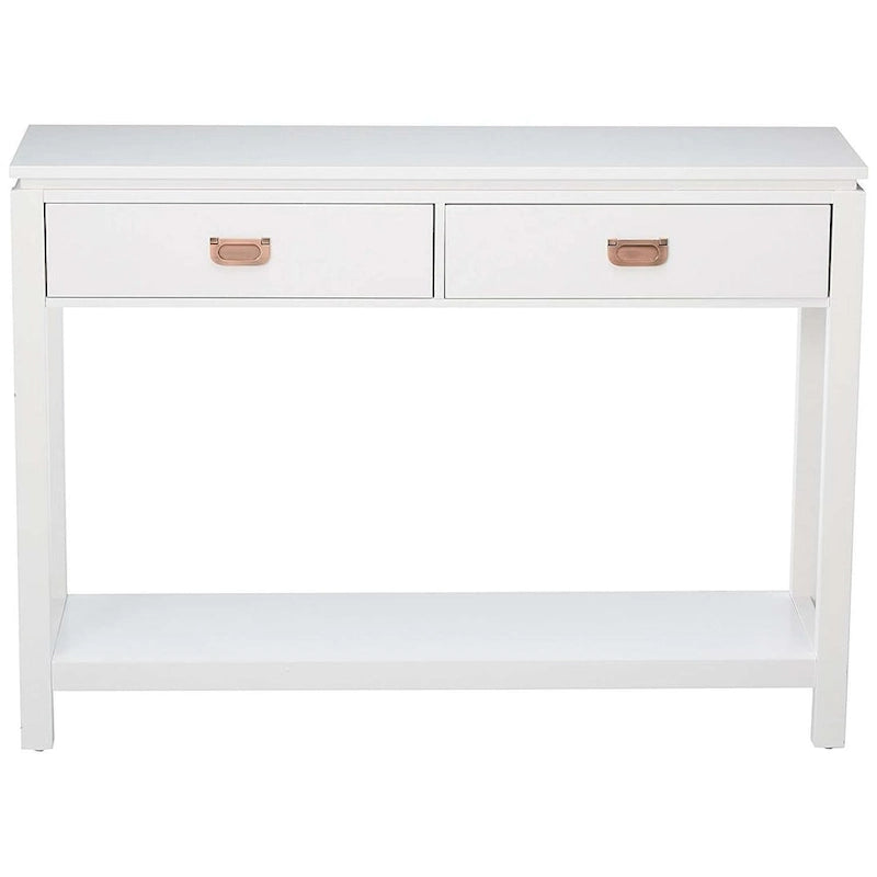 Console blanche avec 2 tiroirs, étagères de rangement et poignées dorées roses
