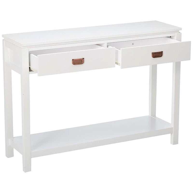 Console blanche avec 2 tiroirs, étagères de rangement et poignées dorées roses
