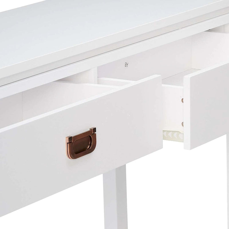 Console blanche avec 2 tiroirs, étagères de rangement et poignées dorées roses
