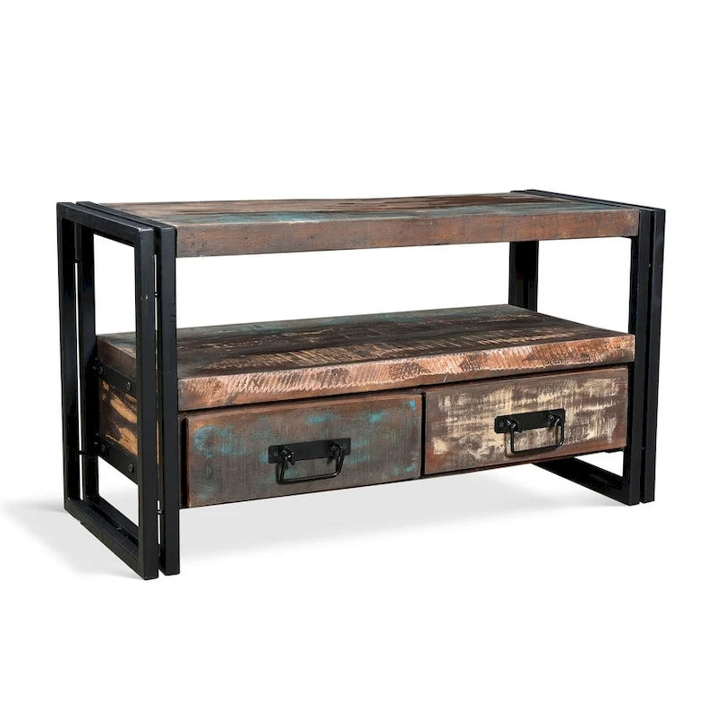 Meuble TV en bois recyclé et fer avec tiroirs doubles, style rustique industriel