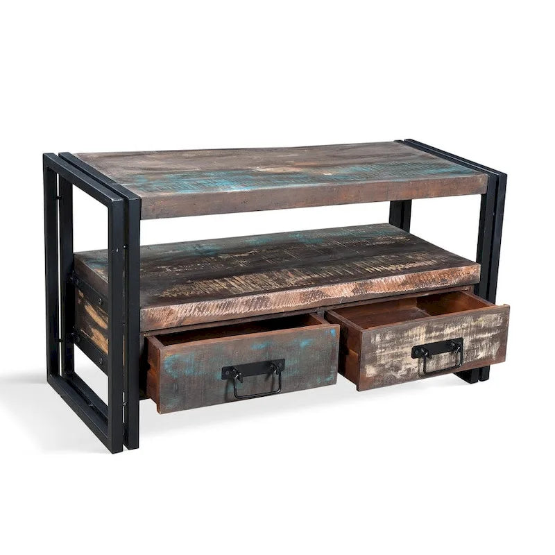 Meuble TV en bois recyclé et fer avec tiroirs doubles, style rustique industriel