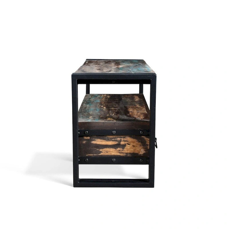 Meuble TV en bois recyclé et fer avec tiroirs doubles, style rustique industriel