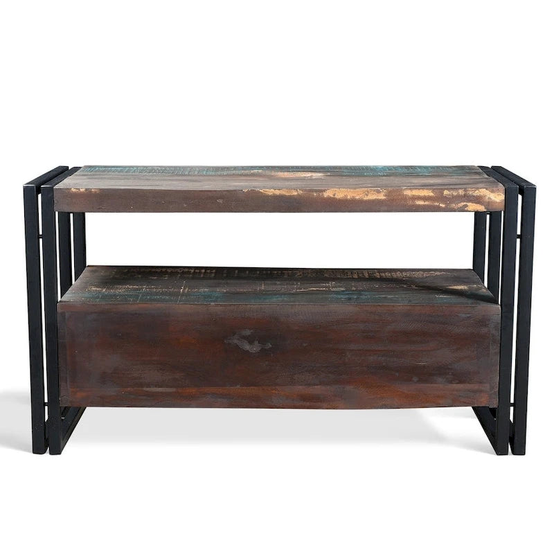 Meuble TV en bois recyclé et fer avec tiroirs doubles, style rustique industriel