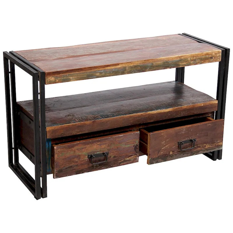 Meuble TV en bois recyclé et fer avec tiroirs doubles, style rustique industriel