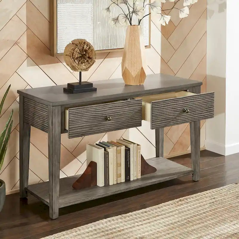 Console de salon gris antique avec plateau en fibrociment, tiroirs et étagère ouverte