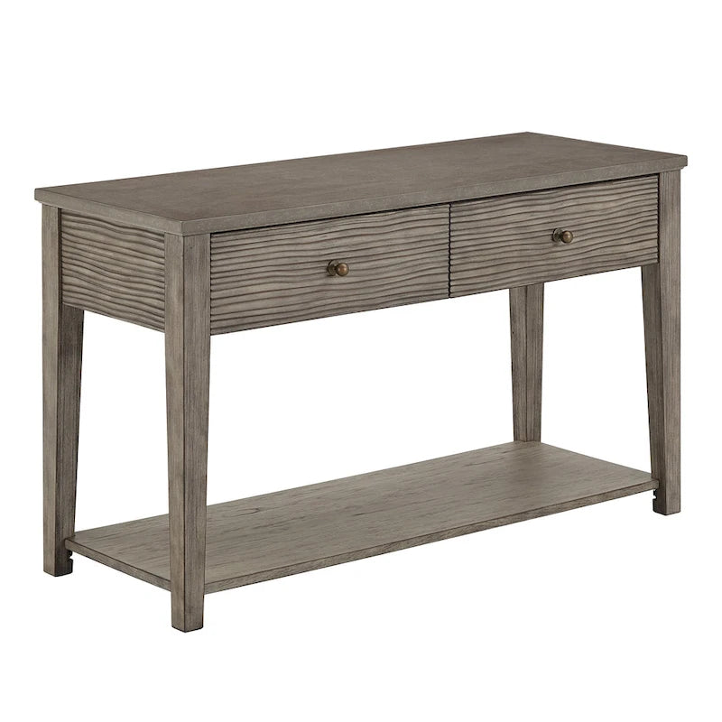 Console de salon gris antique avec plateau en fibrociment, tiroirs et étagère ouverte