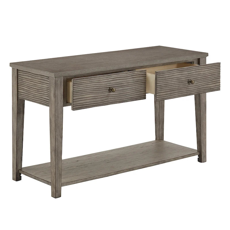 Console de salon gris antique avec plateau en fibrociment, tiroirs et étagère ouverte