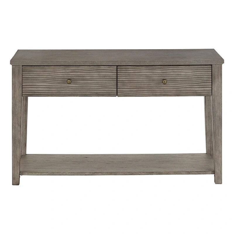 Console de salon gris antique avec plateau en fibrociment, tiroirs et étagère ouverte