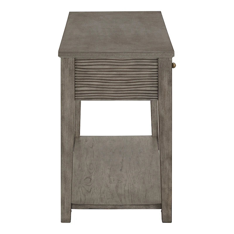 Console de salon gris antique avec plateau en fibrociment, tiroirs et étagère ouverte