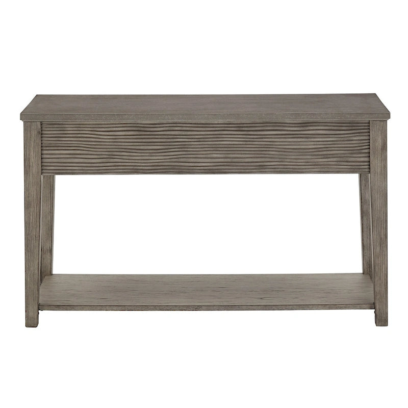 Console de salon gris antique avec plateau en fibrociment, tiroirs et étagère ouverte