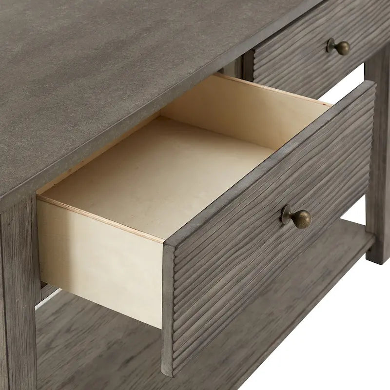 Console de salon gris antique avec plateau en fibrociment, tiroirs et étagère ouverte