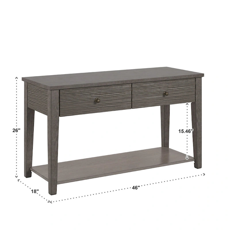 Console de salon gris antique avec plateau en fibrociment, tiroirs et étagère ouverte