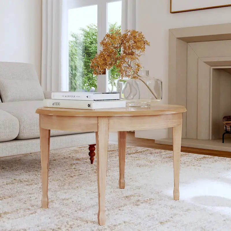 Table basse ovale incrustée de placage en bois avec pieds fuselés, beige antique