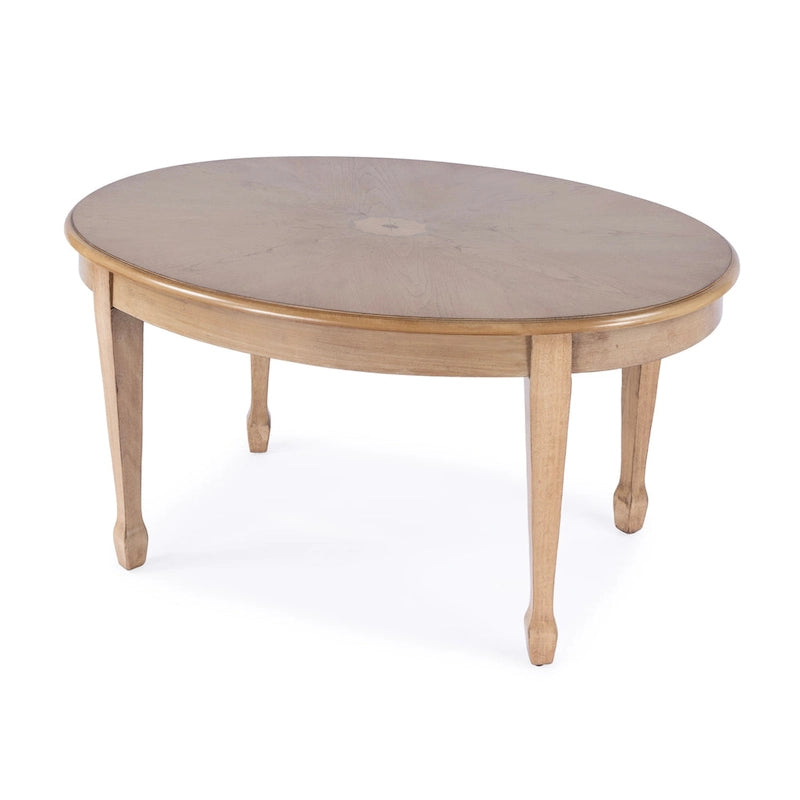 Table basse ovale incrustée de placage en bois avec pieds fuselés, beige antique