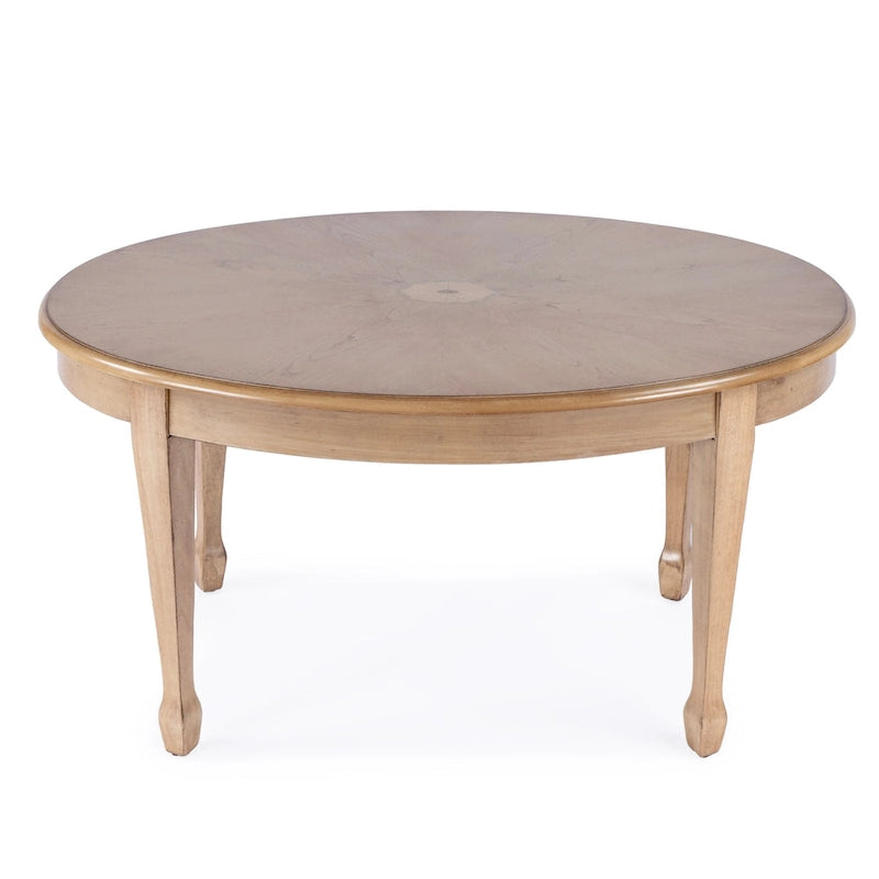 Table basse ovale incrustée de placage en bois avec pieds fuselés, beige antique