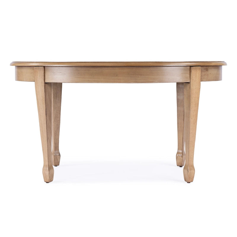 Table basse ovale incrustée de placage en bois avec pieds fuselés, beige antique