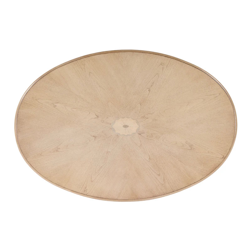 Table basse ovale incrustée de placage en bois avec pieds fuselés, beige antique