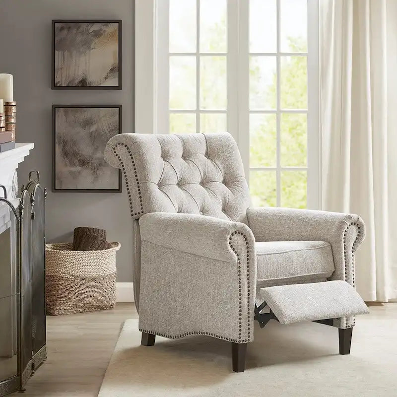 Fauteuil inclinable manuel avec dossier capitonné, clous décoratifs et pieds en bois massif
