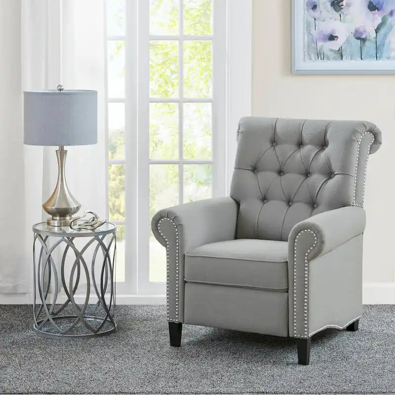 Fauteuil inclinable manuel avec dossier capitonné, clous décoratifs et pieds en bois massif