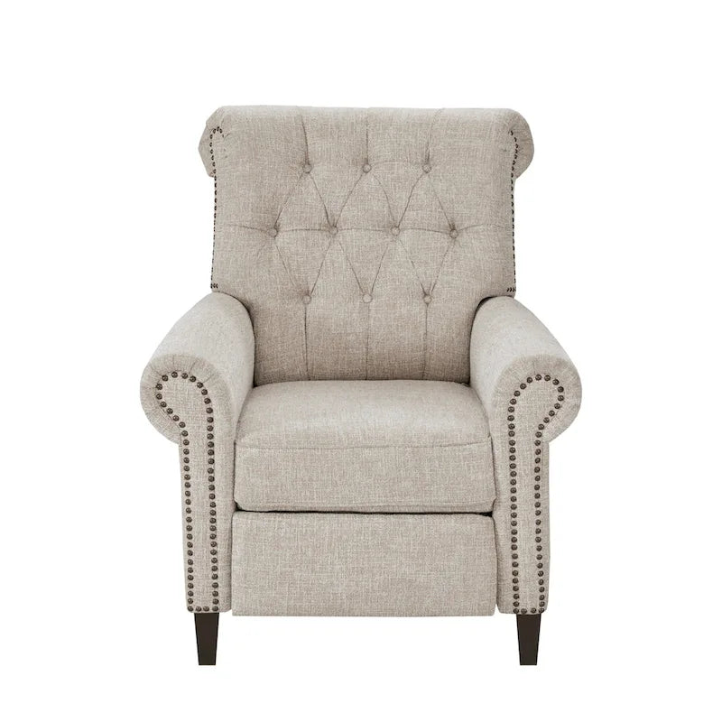 Fauteuil inclinable manuel avec dossier capitonné, clous décoratifs et pieds en bois massif