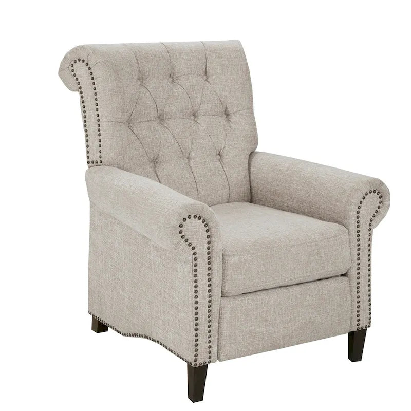 Fauteuil inclinable manuel avec dossier capitonné, clous décoratifs et pieds en bois massif