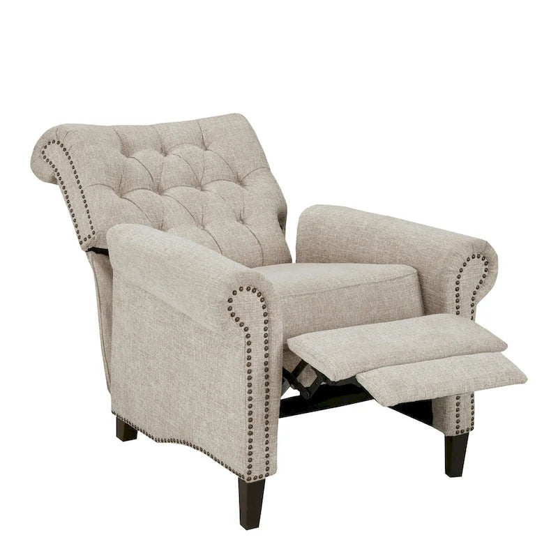 Fauteuil inclinable manuel avec dossier capitonné, clous décoratifs et pieds en bois massif