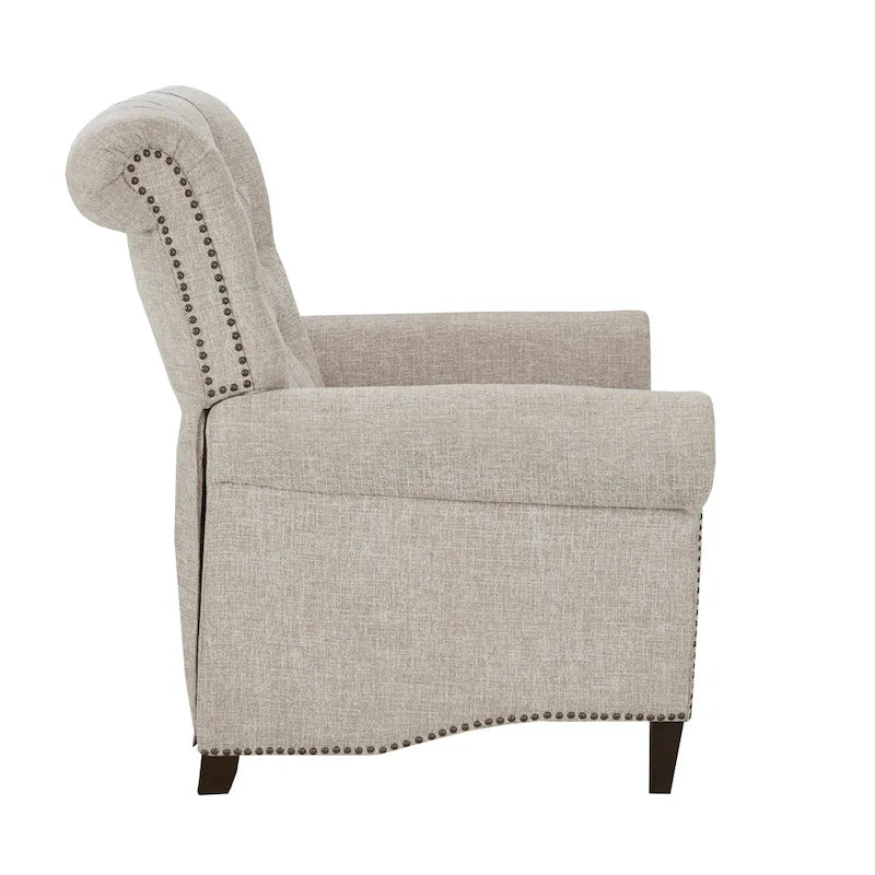 Fauteuil inclinable manuel avec dossier capitonné, clous décoratifs et pieds en bois massif