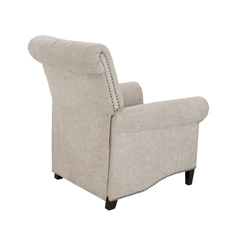 Fauteuil inclinable manuel avec dossier capitonné, clous décoratifs et pieds en bois massif