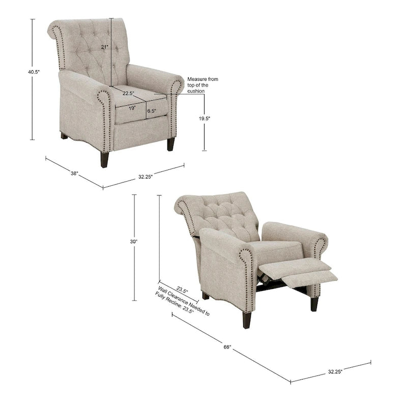 Fauteuil inclinable manuel avec dossier capitonné, clous décoratifs et pieds en bois massif
