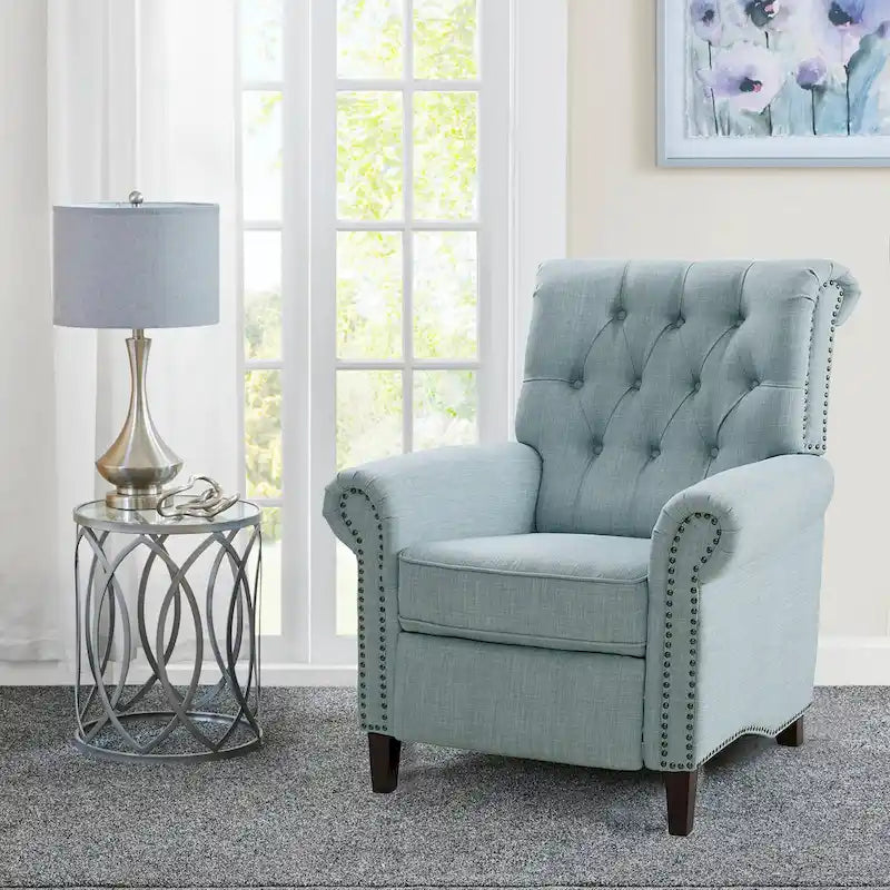 Fauteuil inclinable manuel avec dossier capitonné, clous décoratifs et pieds en bois massif