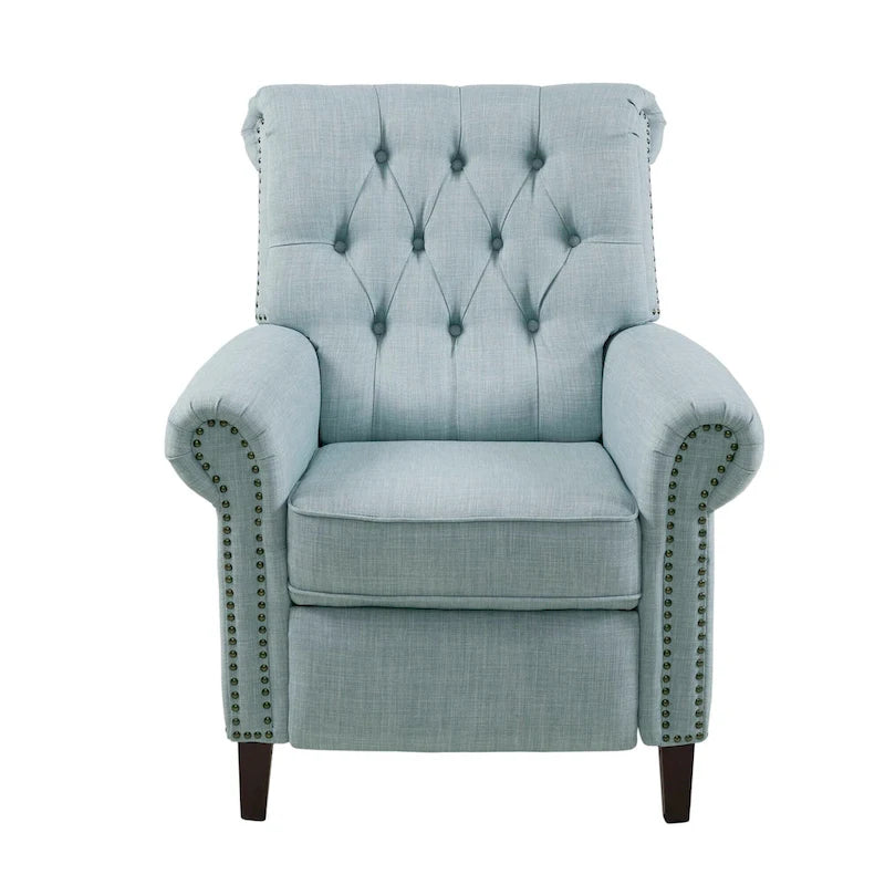 Fauteuil inclinable manuel avec dossier capitonné, clous décoratifs et pieds en bois massif