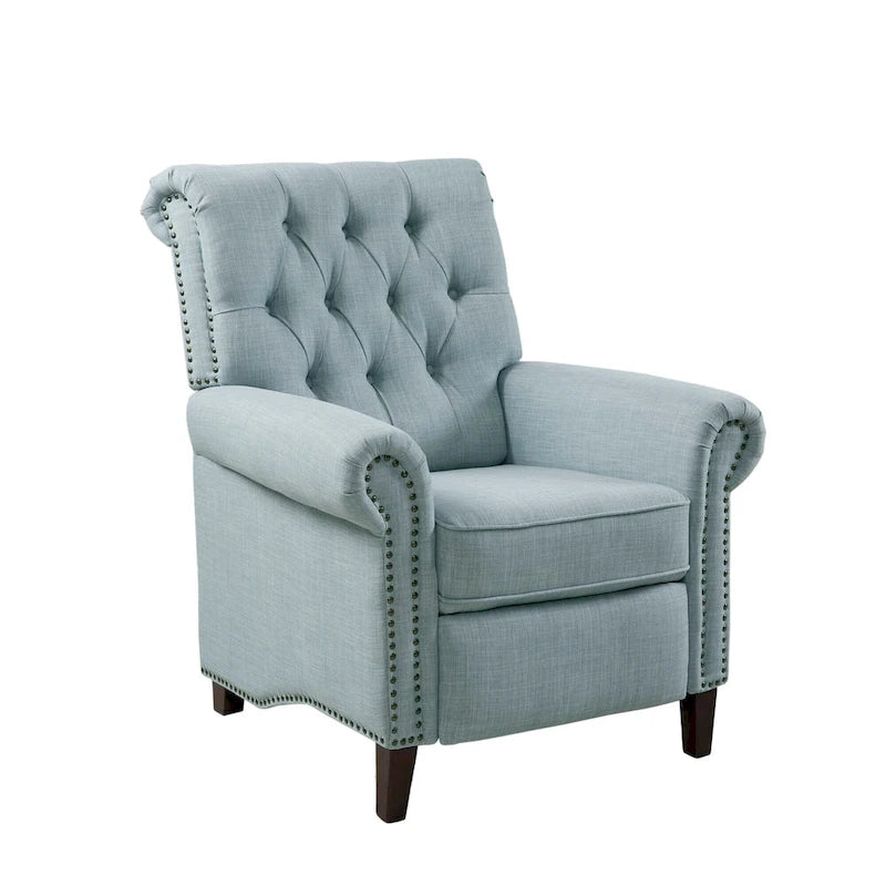 Fauteuil inclinable manuel avec dossier capitonné, clous décoratifs et pieds en bois massif