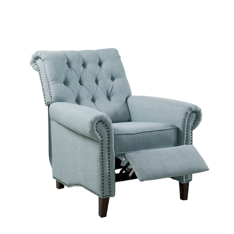 Fauteuil inclinable manuel avec dossier capitonné, clous décoratifs et pieds en bois massif