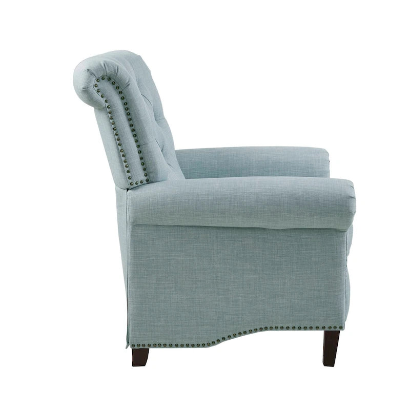 Fauteuil inclinable manuel avec dossier capitonné, clous décoratifs et pieds en bois massif