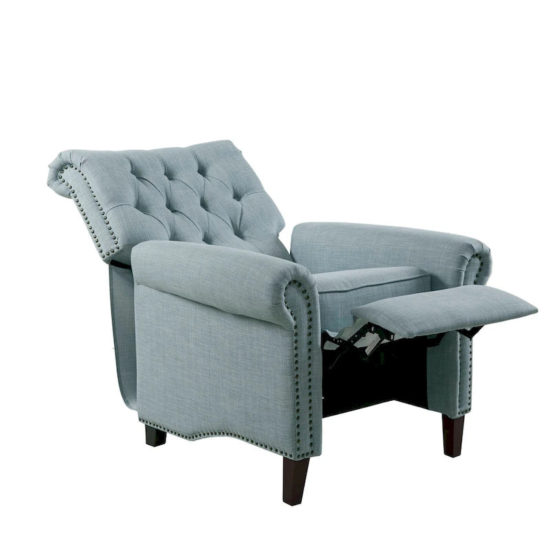 Fauteuil inclinable manuel avec dossier capitonné, clous décoratifs et pieds en bois massif