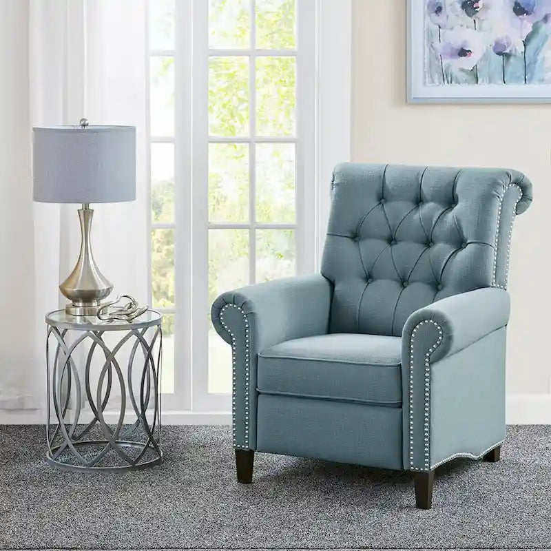 Fauteuil inclinable manuel avec dossier capitonné, clous décoratifs et pieds en bois massif