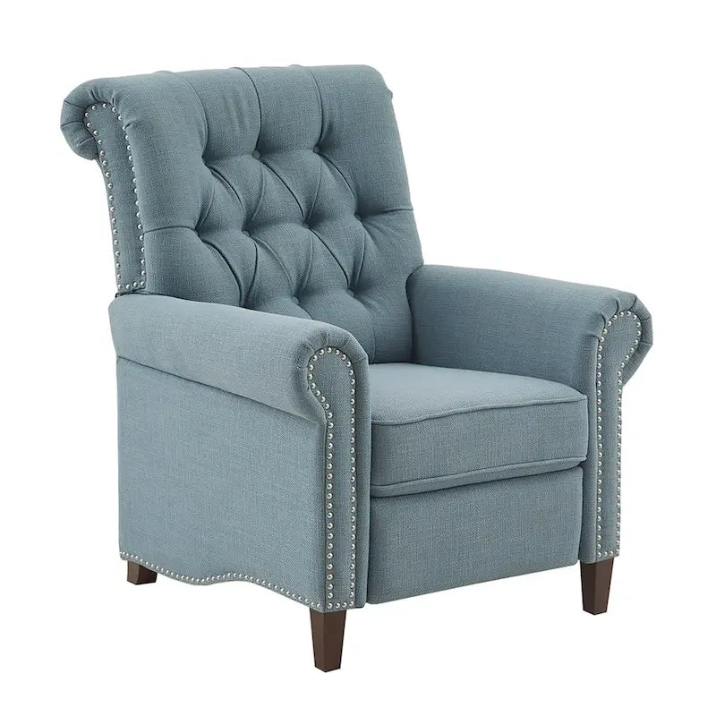 Fauteuil inclinable manuel avec dossier capitonné, clous décoratifs et pieds en bois massif