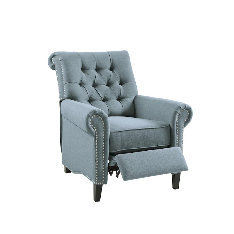 Fauteuil inclinable manuel avec dossier capitonné, clous décoratifs et pieds en bois massif