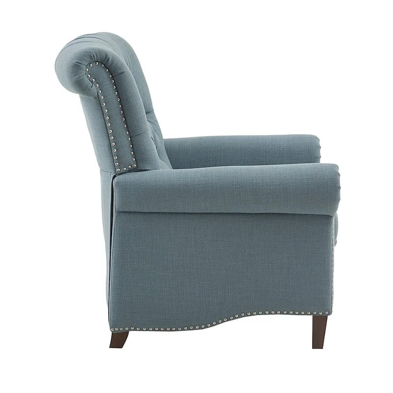 Fauteuil inclinable manuel avec dossier capitonné, clous décoratifs et pieds en bois massif