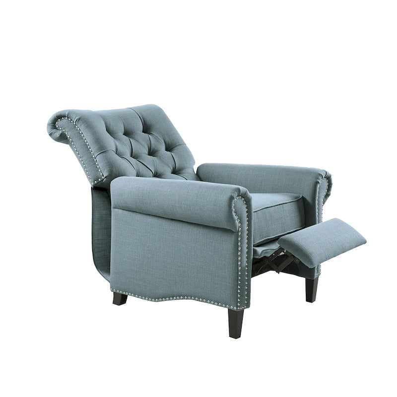 Fauteuil inclinable manuel avec dossier capitonné, clous décoratifs et pieds en bois massif