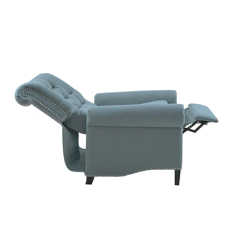 Fauteuil inclinable manuel avec dossier capitonné, clous décoratifs et pieds en bois massif
