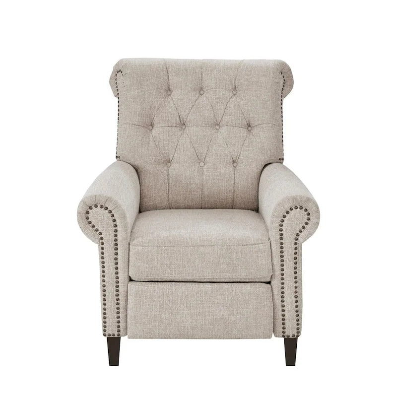 Fauteuil inclinable manuel avec dossier capitonné, clous décoratifs et pieds en bois massif