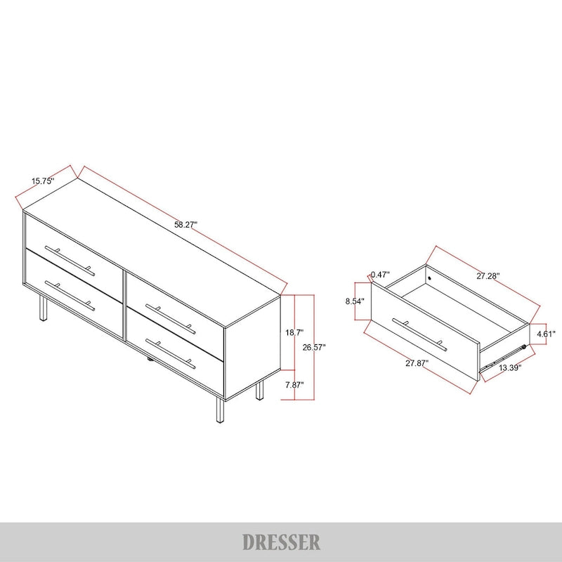 Commode en bois à 4 tiroirs avec poignées métalliques