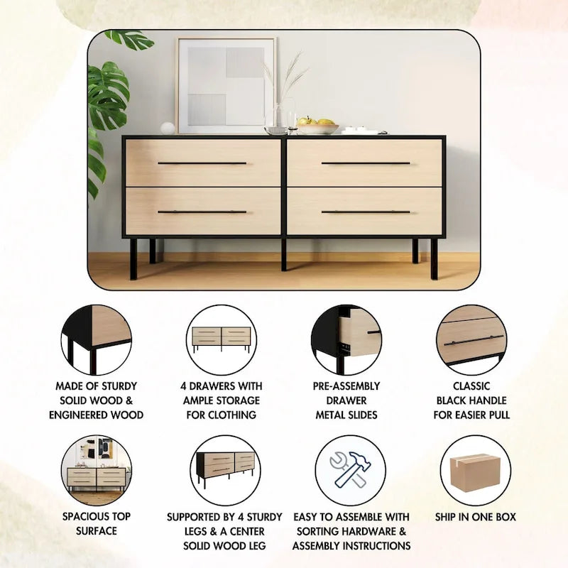 Commode en bois à 4 tiroirs avec poignées métalliques
