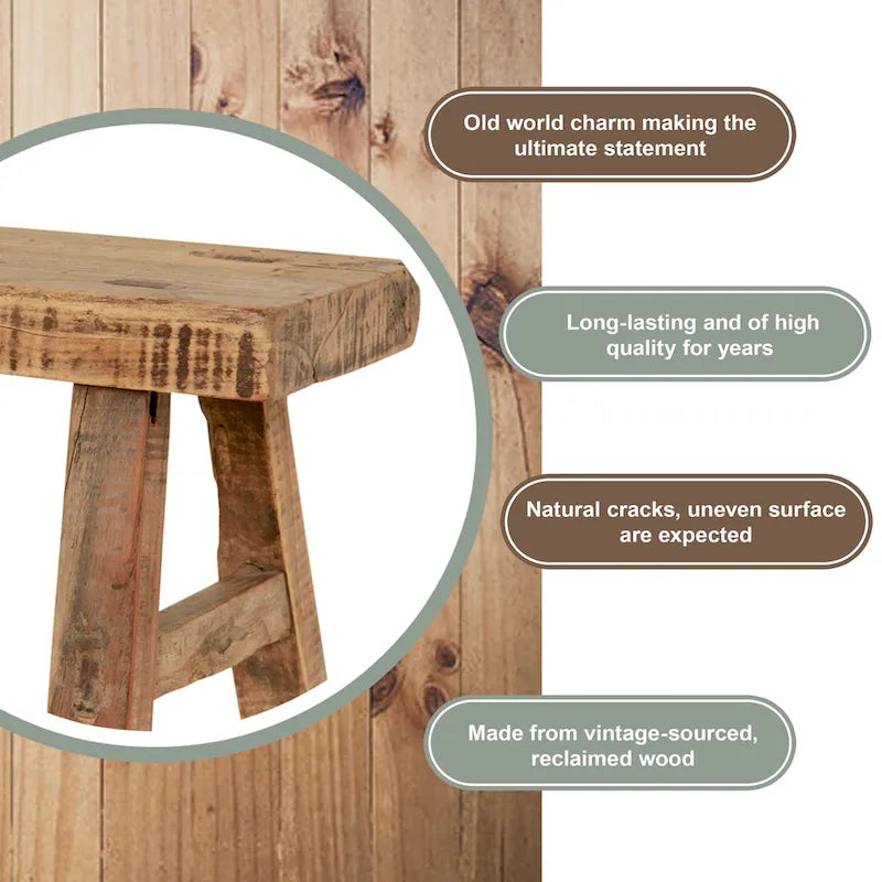 Tabouret d'appoint rustique fabriqué à la main en bois de récupération, finition naturelle