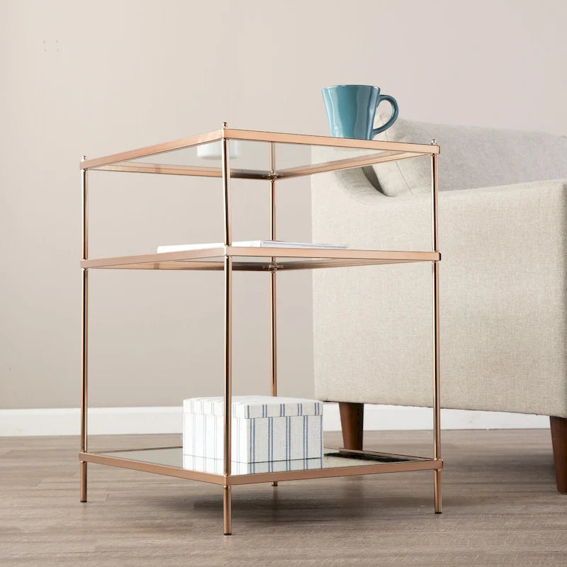 Table d'appoint à trois niveaux avec plateau en verre et étagère miroir