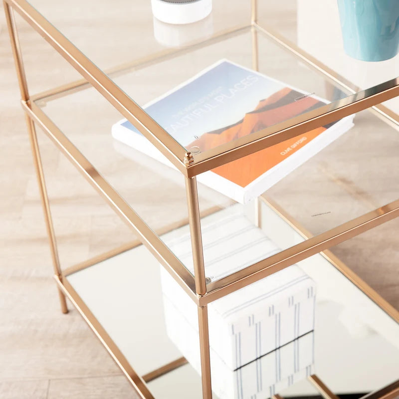 Table d'appoint à trois niveaux avec plateau en verre et étagère miroir